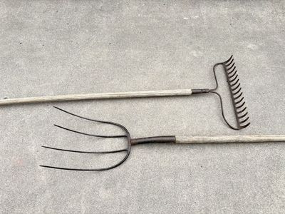Antique pitchfork, rake. Great Halloween decorations. 4 time hay pitchfork. Wooden steel farming