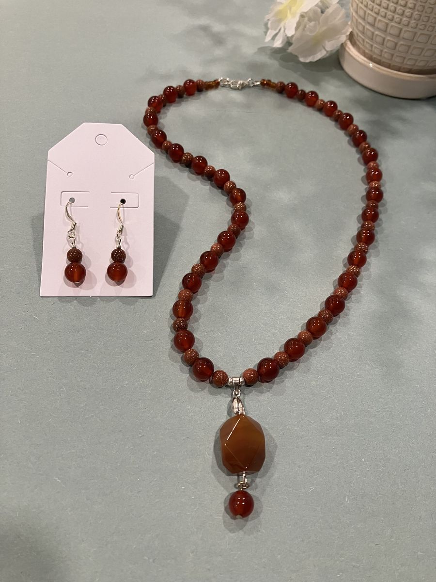 Handmade Beaded Carnelian and Goldstone Gemstone Necklace and Earrings