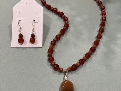Handmade Beaded Carnelian and Goldstone Gemstone Necklace and Earrings