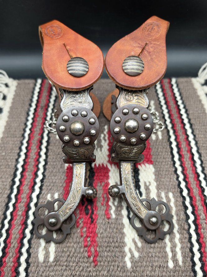 Vintage Sterling Inlay E. Garcia Western Spurs W/ Antique H.H. Heiser Straps