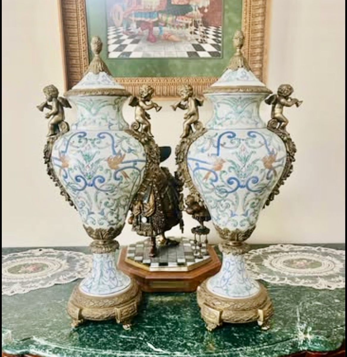 2 ANTIQUE PORCELAIN VASES ORNATE BRONZE ACCENTS