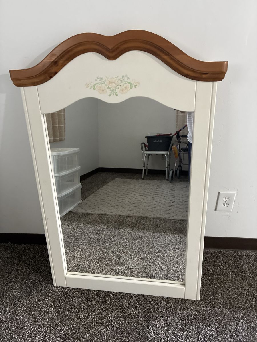 Vintage White & Wood Framed Wall Mirror with Floral Detail