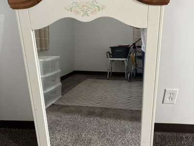 Vintage White & Wood Framed Wall Mirror with Floral Detail
