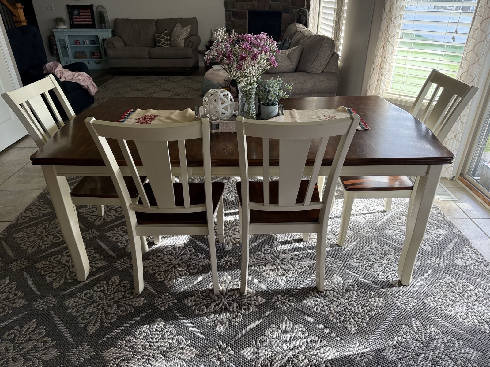 Dining Table Set with 4 Chairs and Bench- Wood Finish, White Legs, 7-Piece, removable leaf.