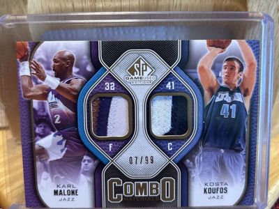 2009 Utah Jazz Karl Malone & Kosta Koufos 07/99 Upper Deck SP Game Used Edition Combo Materials Basketball Game Used Dual Jersey
