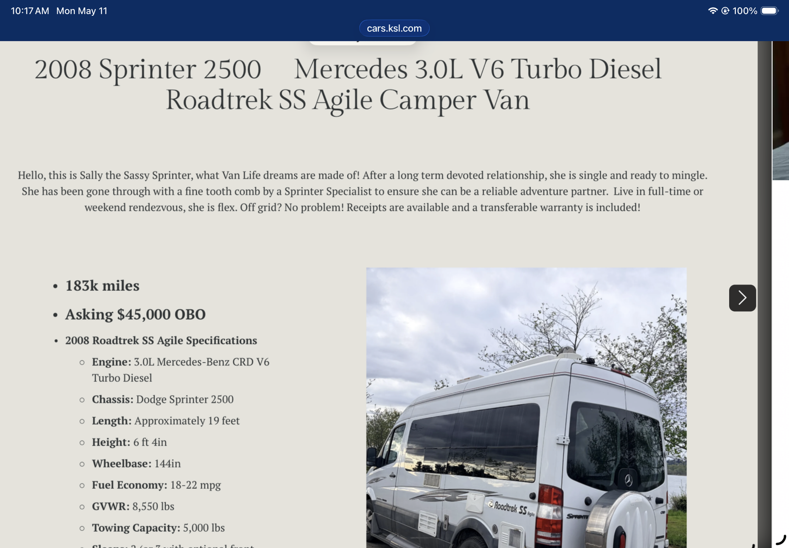 2008 sprinter 2500 Mercedes – Benz 6 cylinder turbo diesel with  roadtrek  camper van