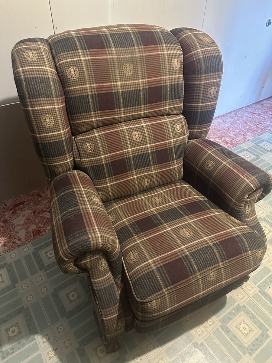 Plaid Armchair and Brown Leather Recliner