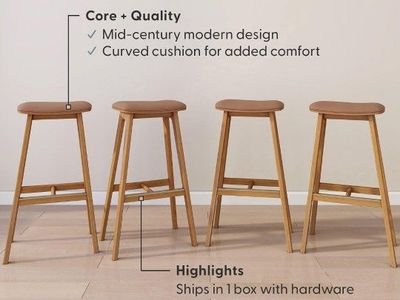 Plank+Beam Beryl Bar Stool Bar Height Upholstered Set of 4 Pecan/Toffee