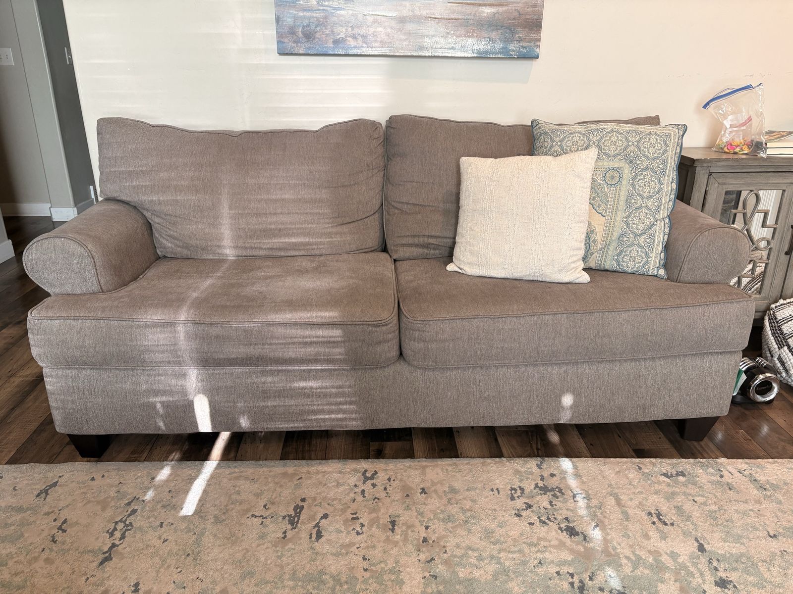 2 Cozy Gray Fabric couches - used Condition, Perfect for Small Spaces