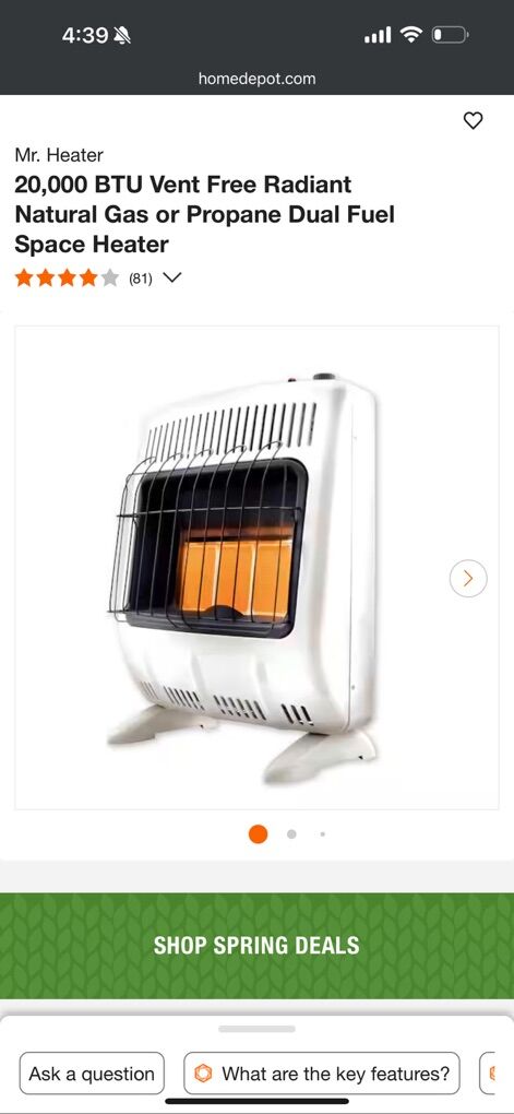 20,000 BTU Vent Free Radiant Dual Fuel Heater