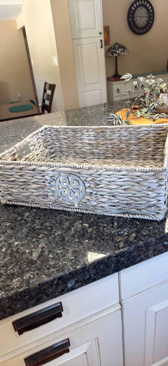 Wicker Rectangular Decorative Basket with Carved Wooden Medallion - Light Gray