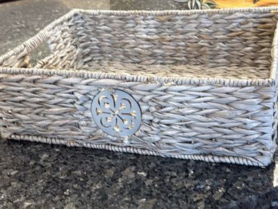 Wicker Rectangular Decorative Basket with Carved Wooden Medallion - Light Gray