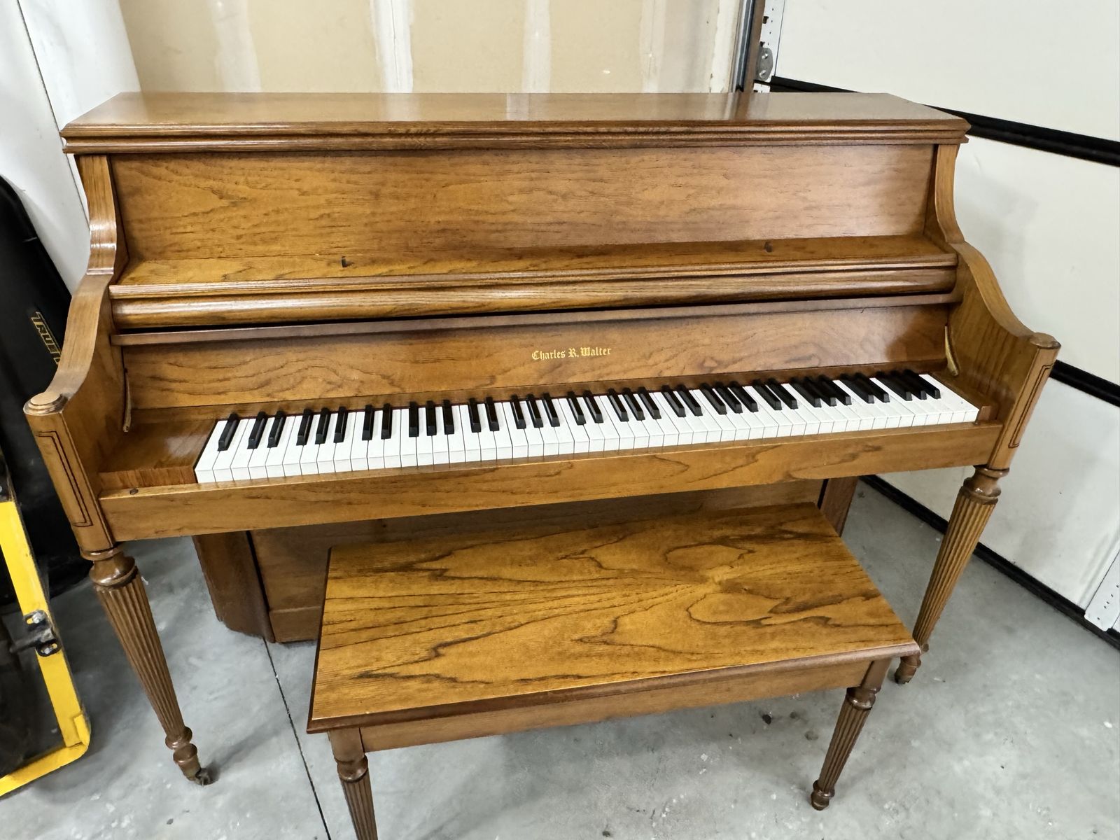 Charles R. Walter Upright Piano with Bench - Wood Finish, Full-Size Keyboard