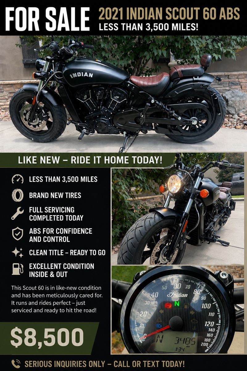 2021 Indian Scout Sixty ABS Motorcycle - Less than 3,500 Miles, Brand New Tires, Serviced