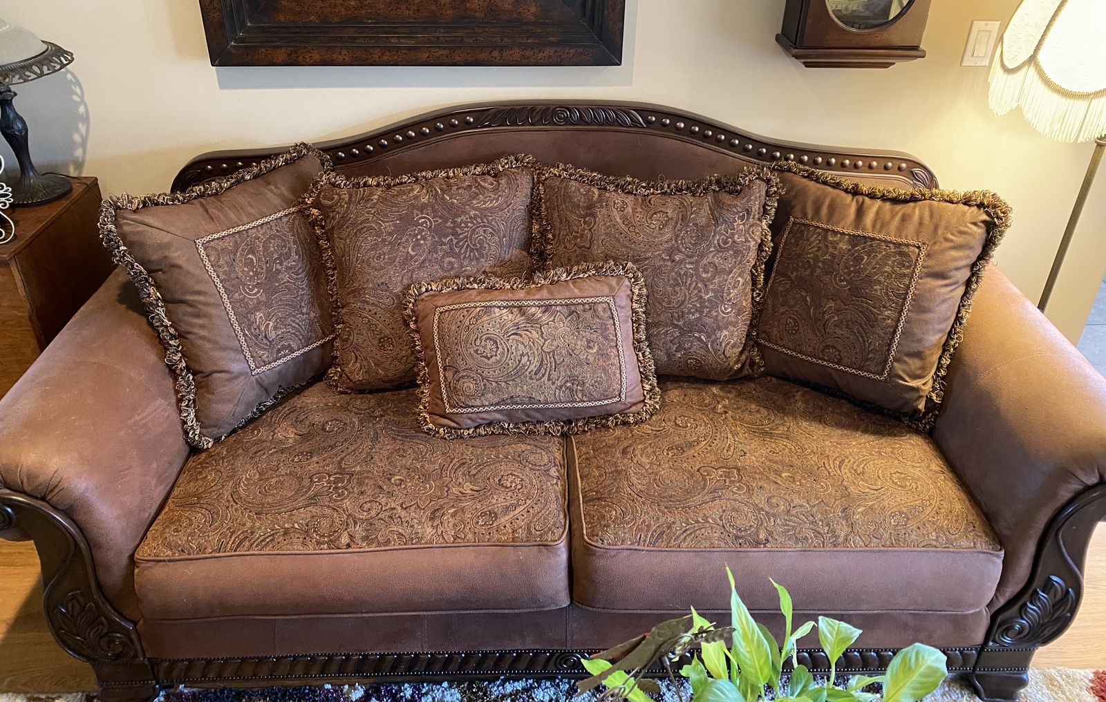 Leather/Fabric/Wood Accent Couch