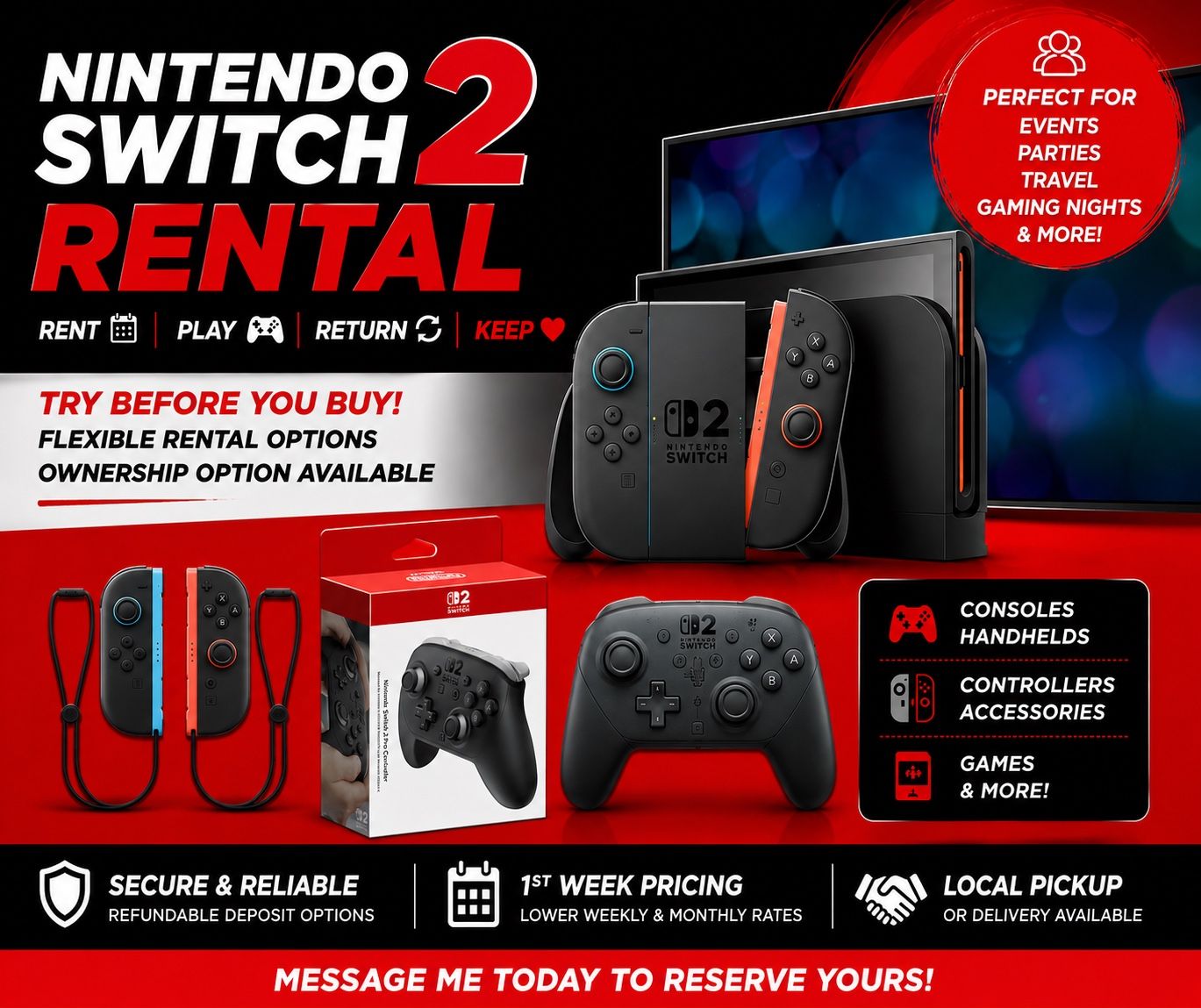 Rent Nintendo Switch 2 Consoles, Controllers, Hardware, Games, and Accessories (Read Description for Details)