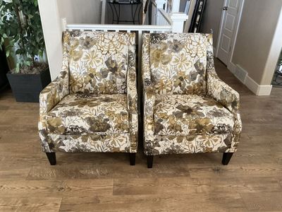2 Like-New Upholstered Accent Chairs + 3 Pillows – Floral Pewter/Tan/Gold