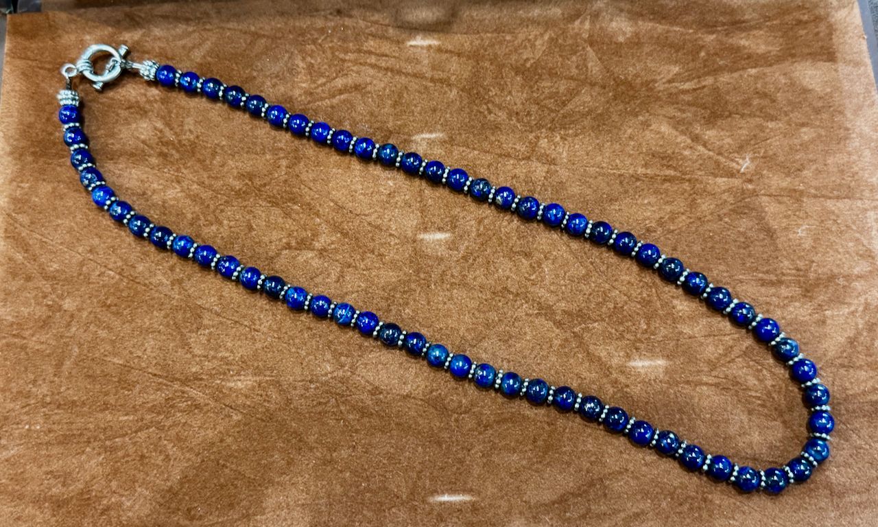 20" Genuine Chilean Lapis Lazuli Bead Necklace - Solid Silver Clasp (33g)