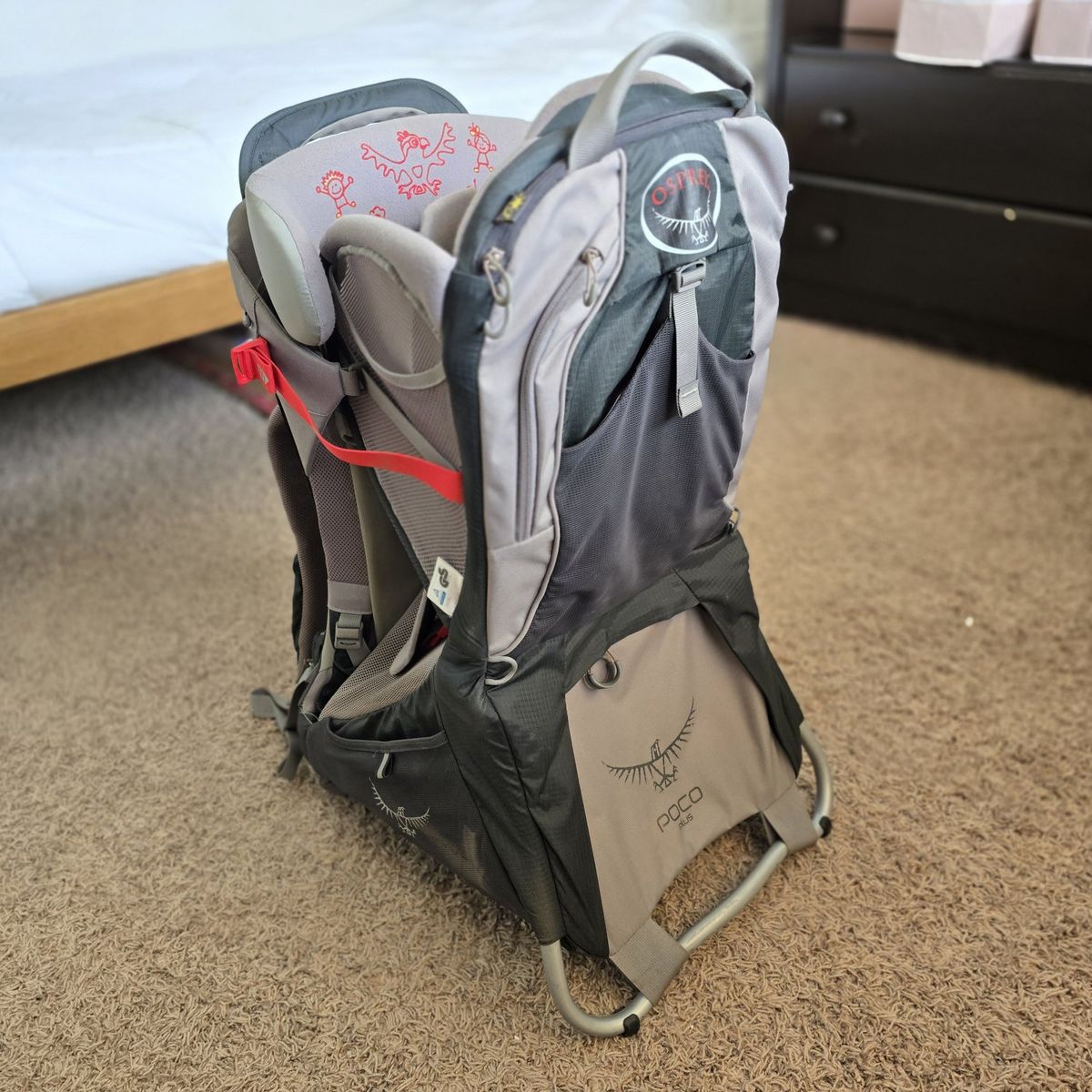 Osprey Poco Plus Child Carrier Backpack - Gray and Black Hiking Baby Carrier