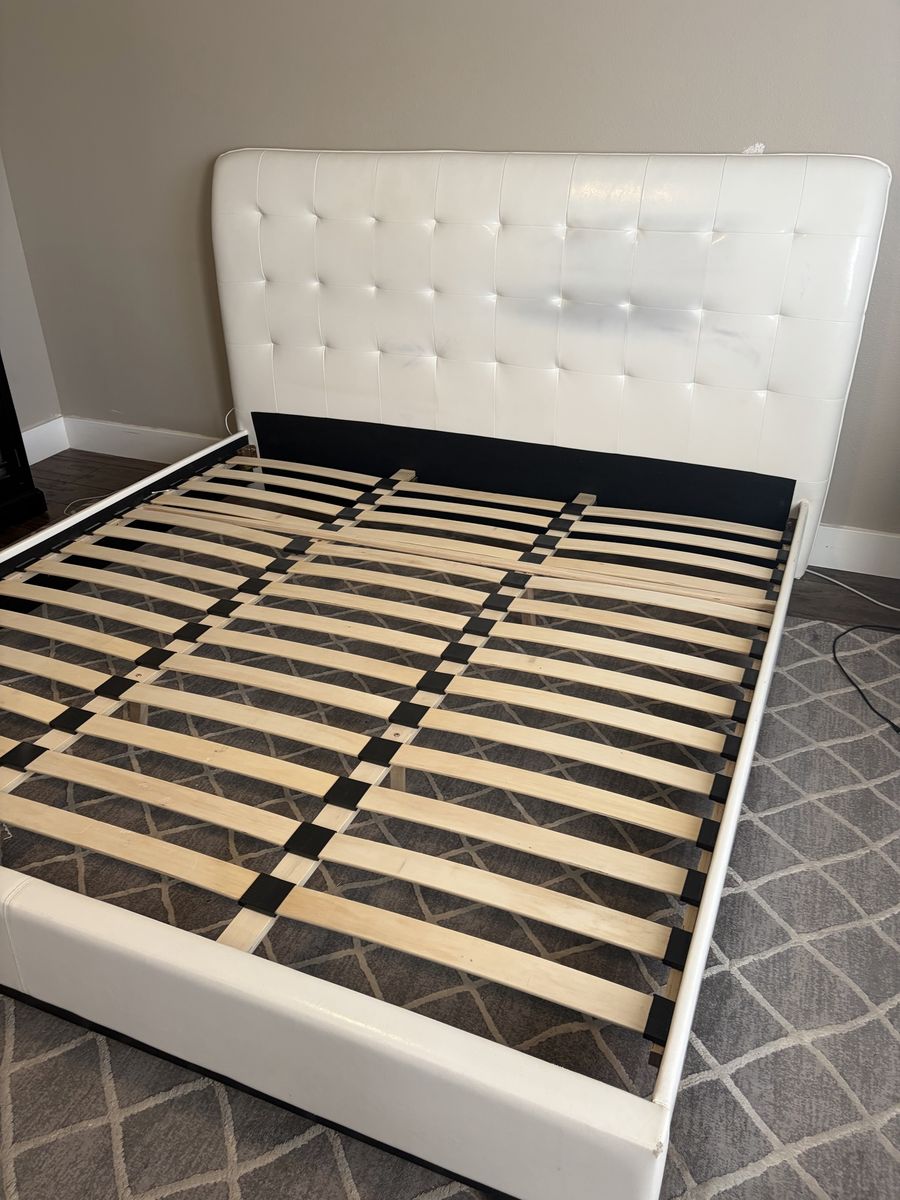 King Size White Tufted Headboard Platform Bed Frame - Modern Master Bedroom Furniture