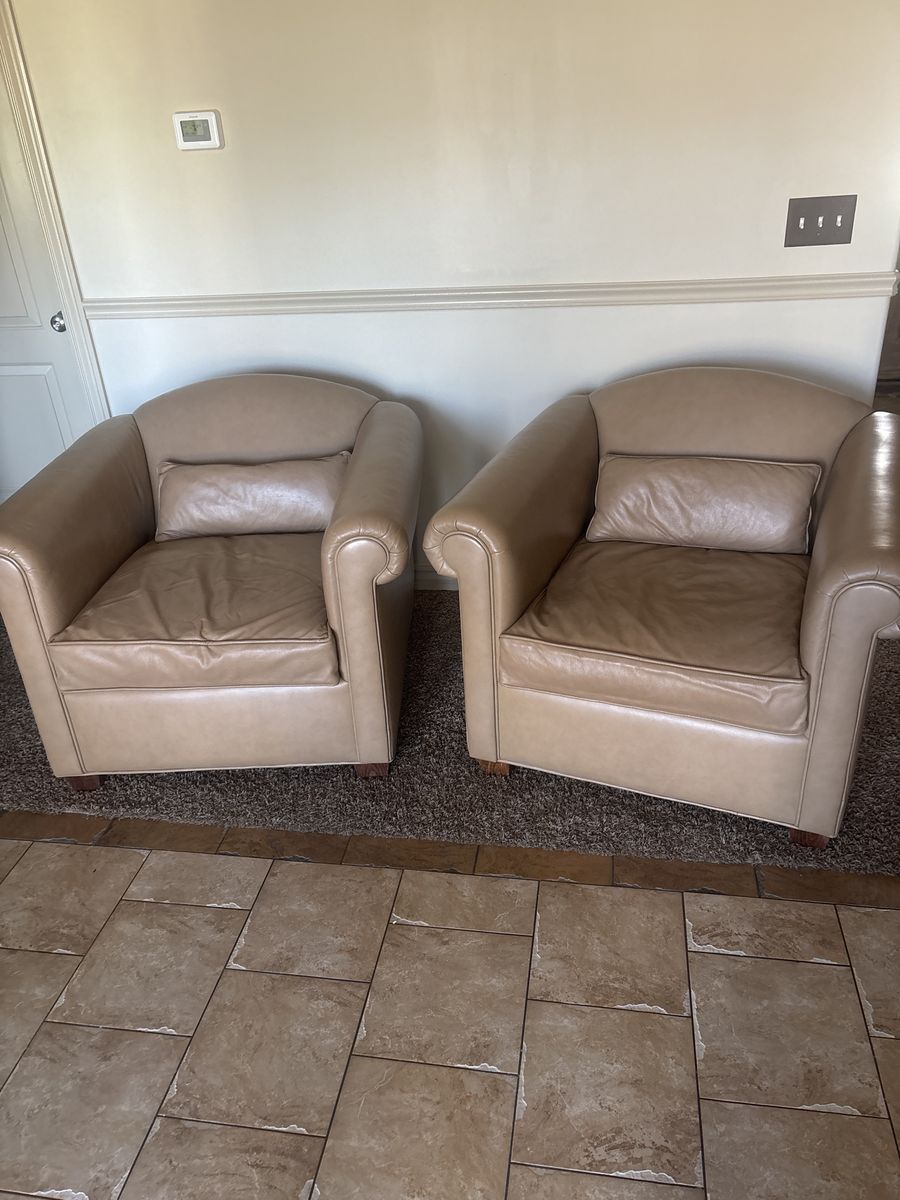 Pair of Beige Leather Armchairs with Lumbar Pillows