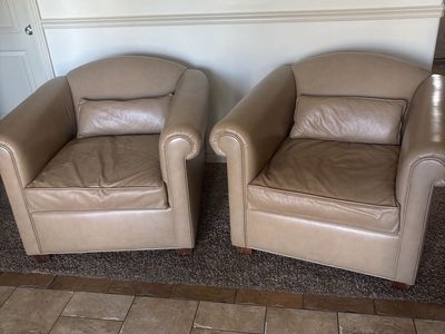 Pair of Beige Leather Armchairs with Lumbar Pillows