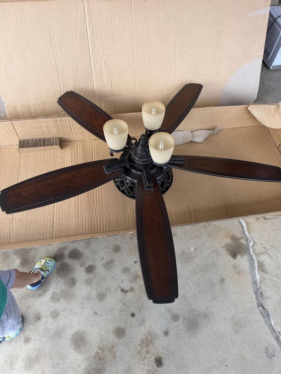 Rustic Bronze Ceiling Fan with 5 Wood Grain Blades & 3 Frosted Glass Lights with remote