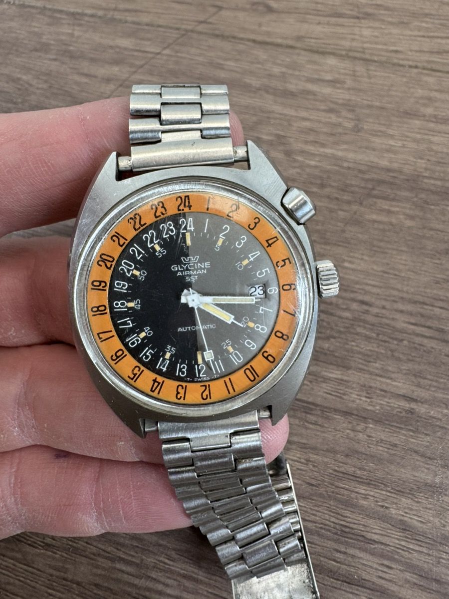 Vintage Glycine Airman SST 24 Hr GMT Watch Hack Pin 41mm Pumpkin 1968 #WCP038367