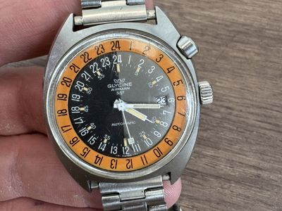Vintage Glycine Airman SST 24 Hr GMT Watch Hack Pin 41mm Pumpkin 1968 #WCP038367