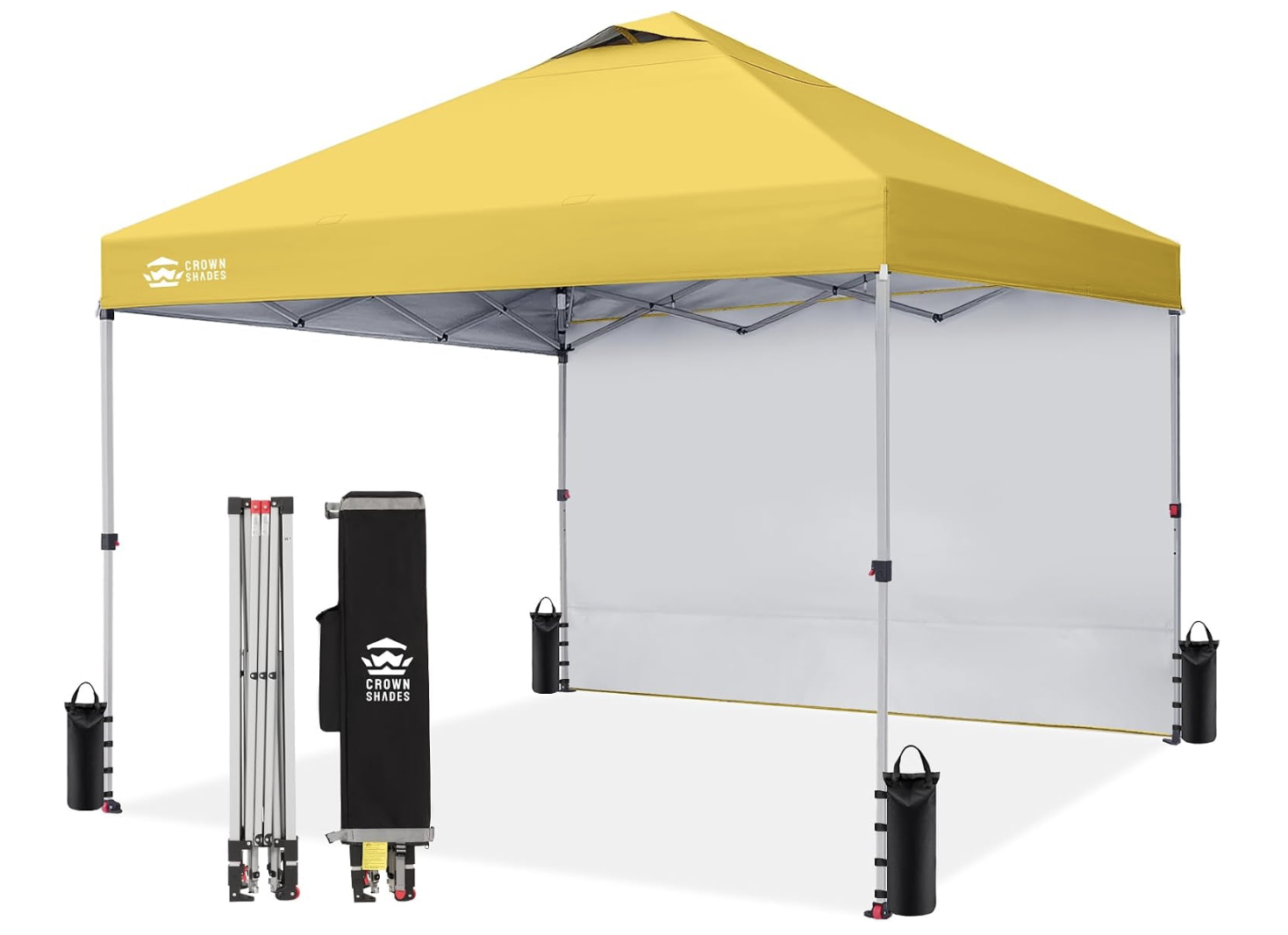 NEW Yellow CROWN SHADES 10x10 Pop Up Canopy with 1 Side Wall - Beach Tent with One Push Setup