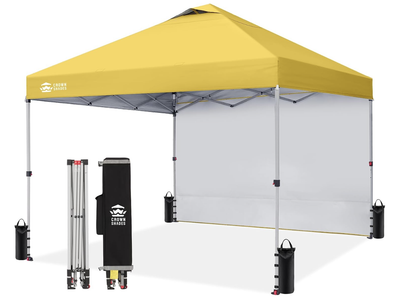 NEW Yellow CROWN SHADES 10x10 Pop Up Canopy with 1 Side Wall - Beach Tent with One Push Setup