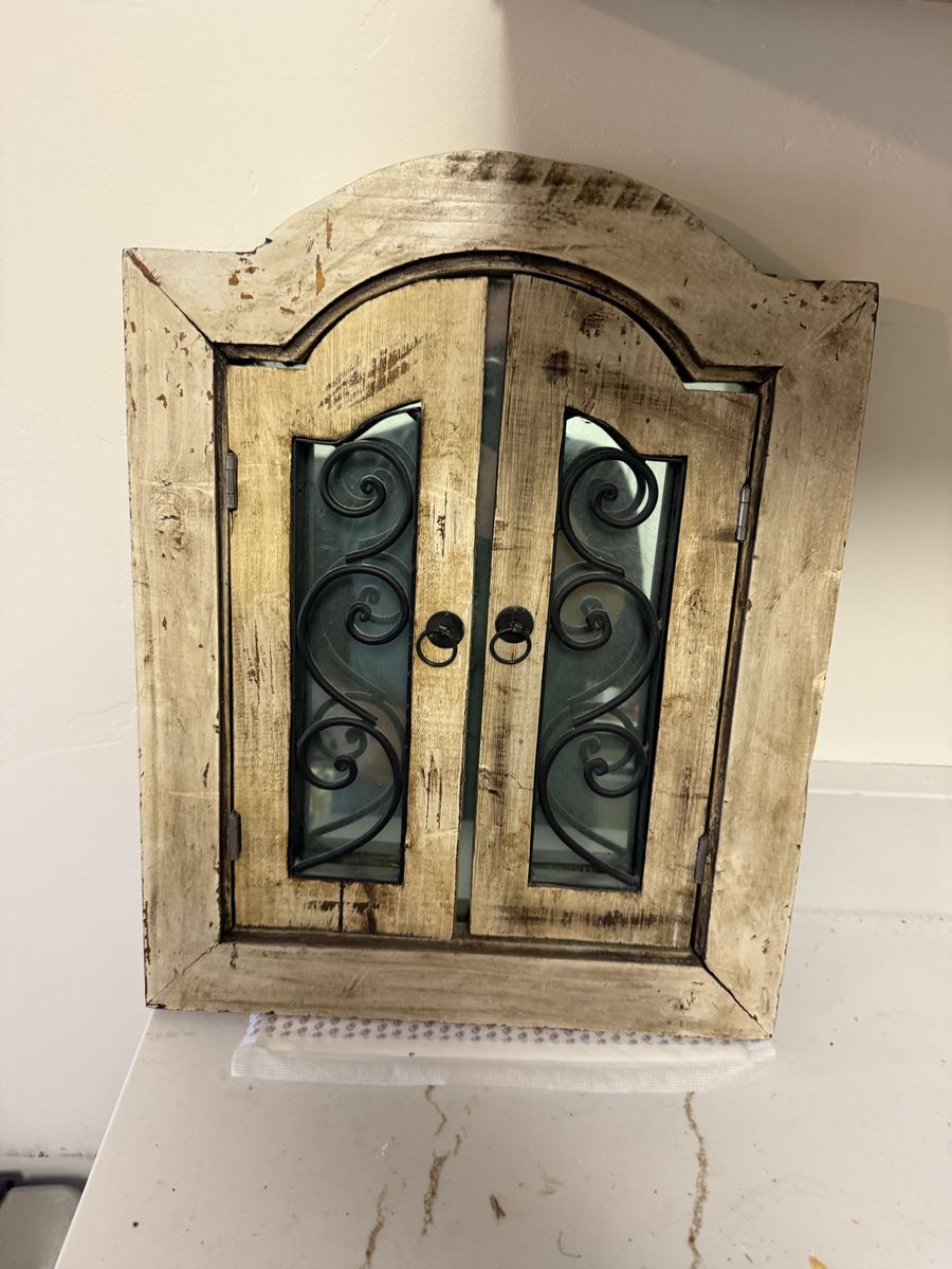 Distressed Wood & Metal Arch Top Mirror with Opening Shutters - Rustic Wall Decor