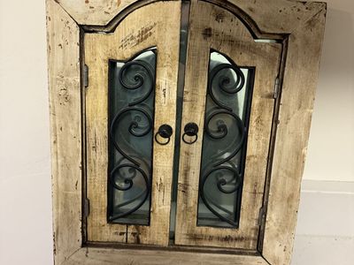 Distressed Wood & Metal Arch Top Mirror with Opening Shutters - Rustic Wall Decor