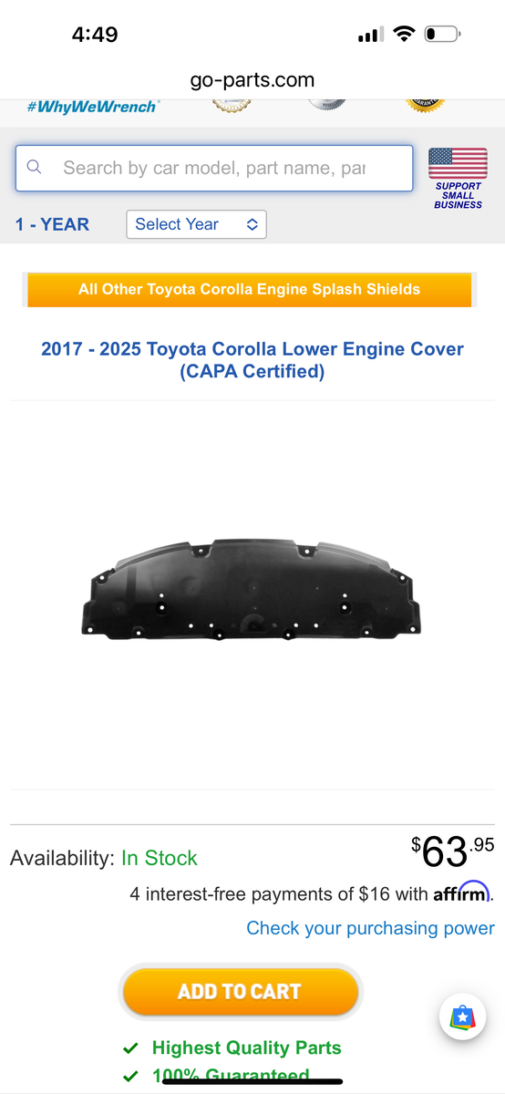 Toyota corolla Lower engine cover replacement 2017-2025