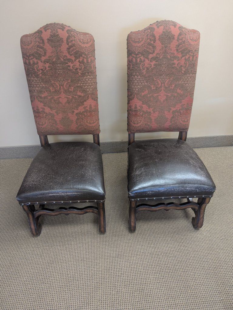 2 Vintage Upholstered Dining Chairs - Damask Back, Brown Leatherette Seat, Wood Frame