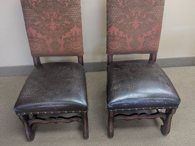 2 Vintage Upholstered Dining Chairs - Damask Back, Brown Leatherette Seat, Wood Frame