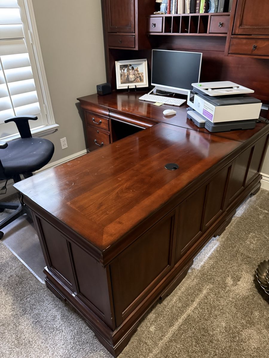 Large Wooden Executive Desk with Hutch and Return
