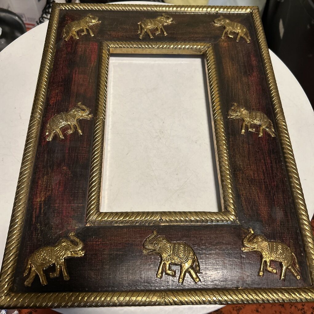 Antique Indian Wood & Brass Elephant Decorated MIRROR / PICTURE FRAME 16x12