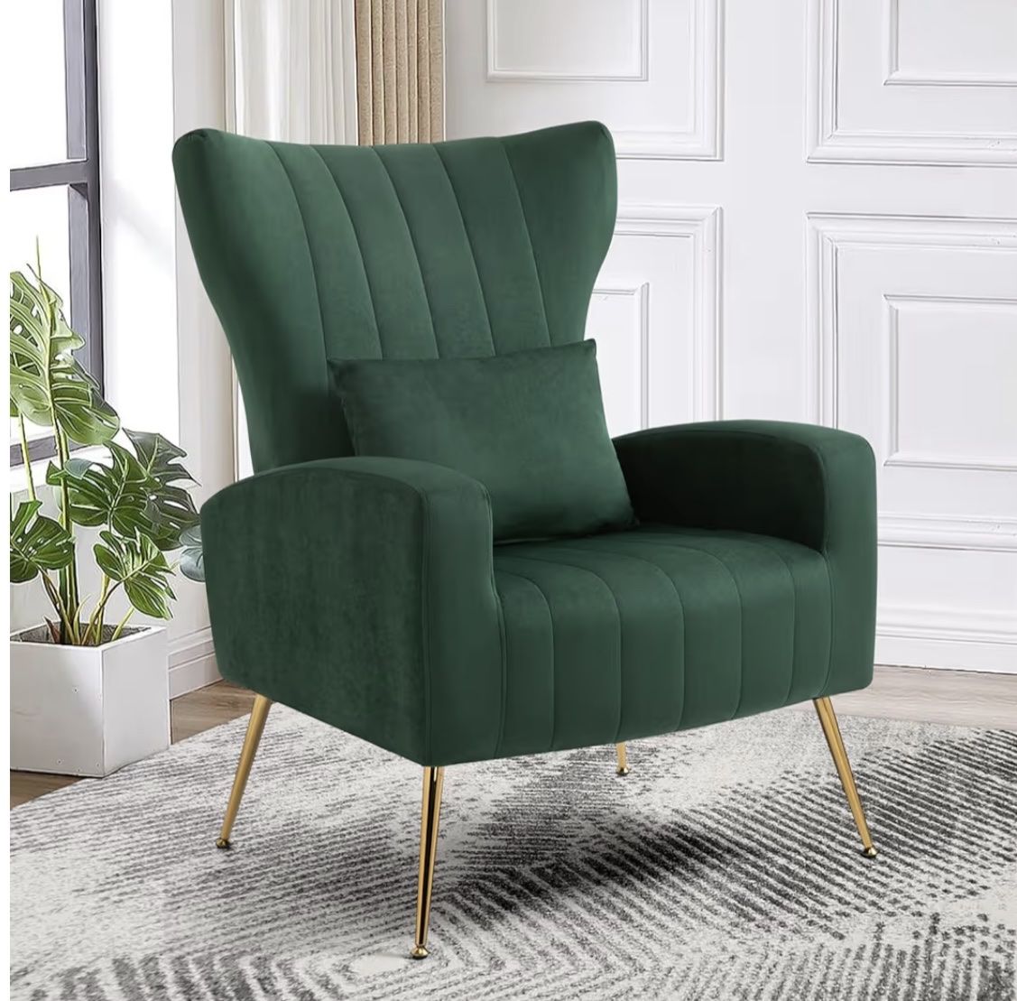 Green Velvet Armchair - Gold Legs and Pillow