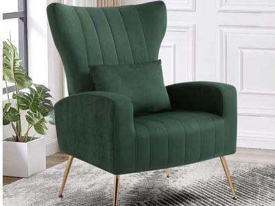 Green Velvet Armchair - Gold Legs and Pillow