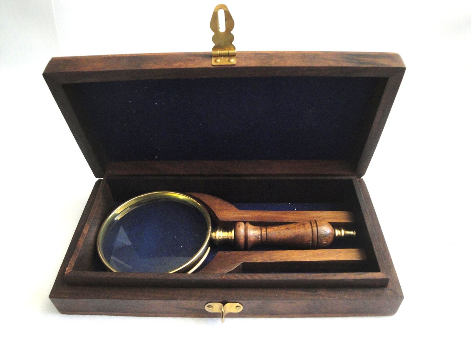 Brass and Wood Magnifier Glass with Storage Case- Antique Reproduction