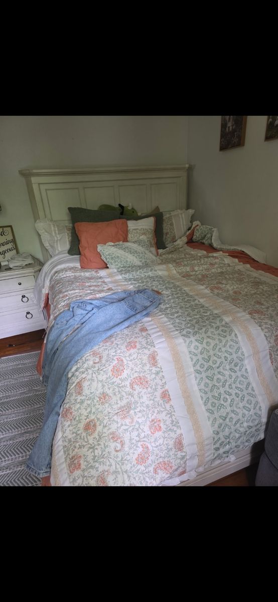 Queen sized bed frame and mattress with box spring