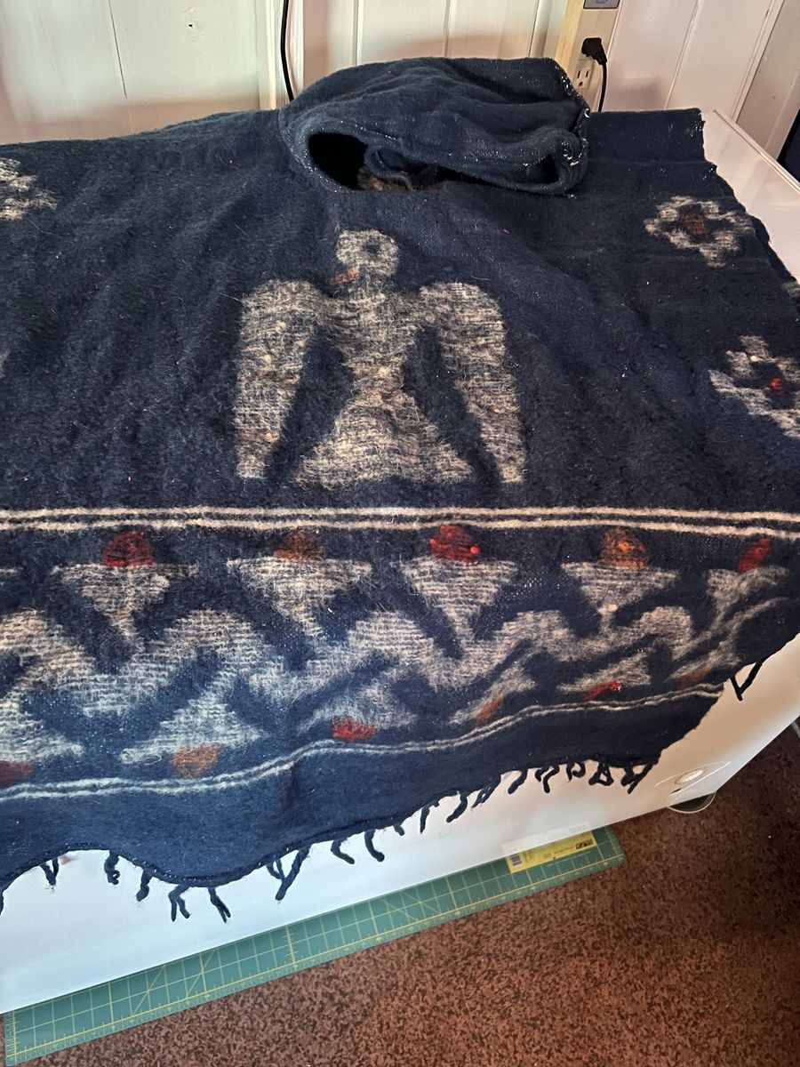 Vintage Hand-Woven 100% Wool Poncho Cape with Hood, Thunderbird Design - Navy Blue, One Size