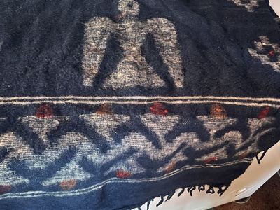 Vintage Hand-Woven 100% Wool Poncho Cape with Hood, Thunderbird Design - Navy Blue, One Size