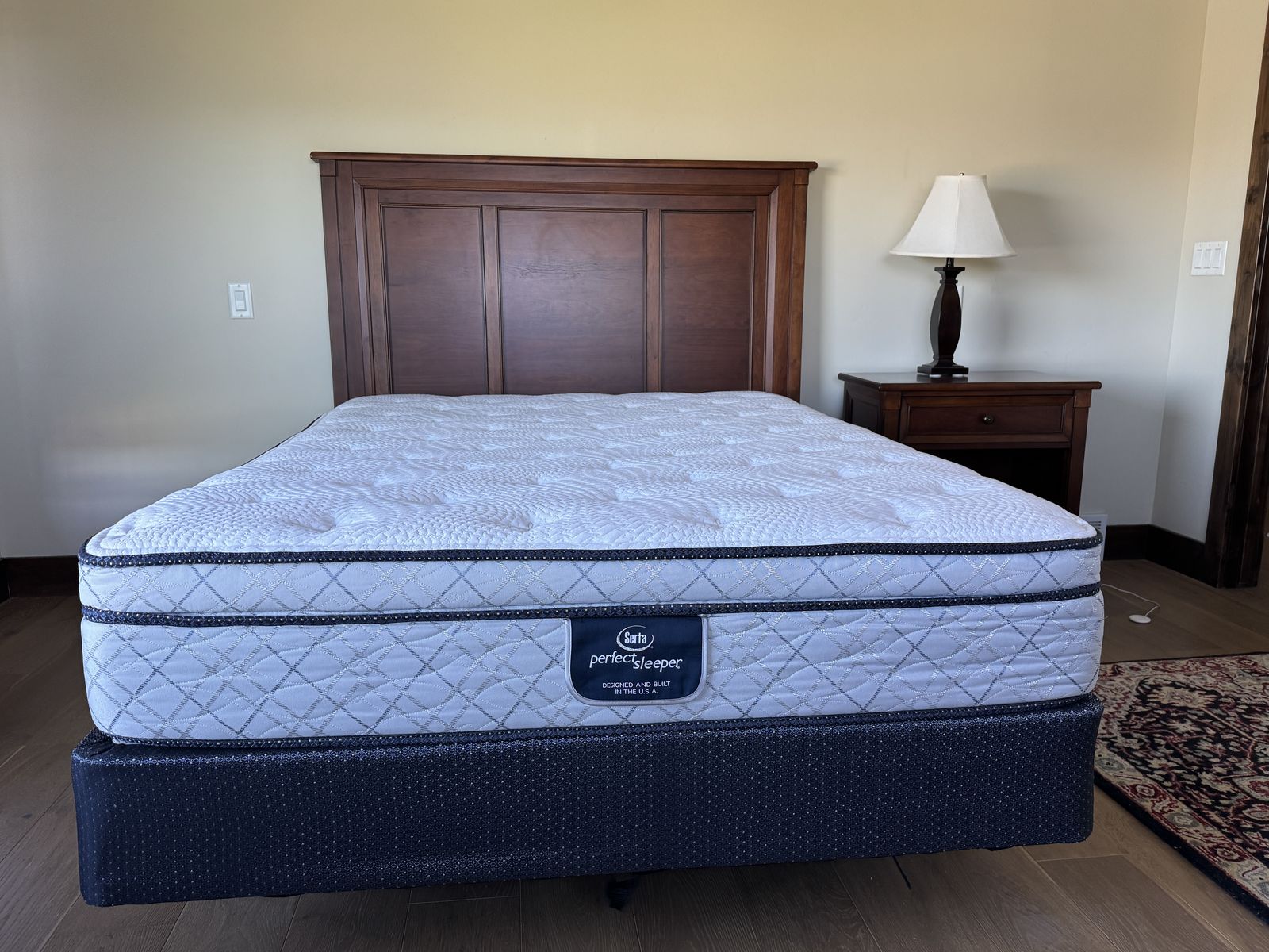 Solid Wood Headboard (Dark Cherry), Serta Perfect Sleeper Queen Mattress and Box Spring - Excellent Condition, Made in USA