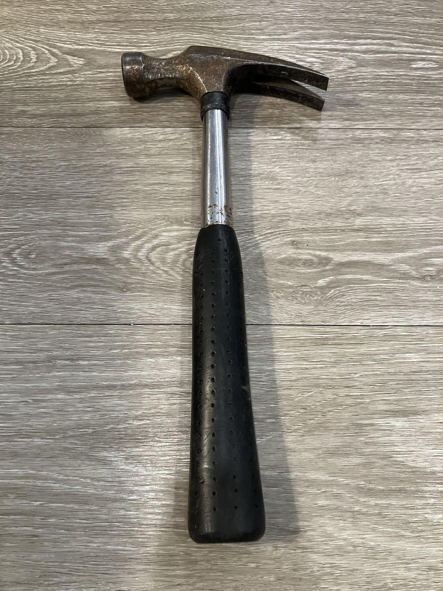 Vintage Long Handle Claw Hammer, Heavy Metal Construction with Black Rubber Grip