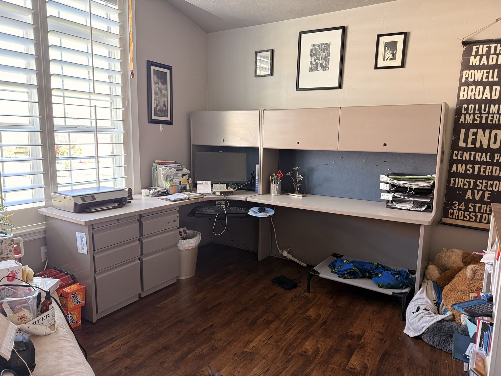 Large L-Shaped Executive Office Desk with Overhead Storage & Filing Cabinet