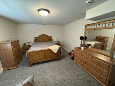 Bedroom Furniture Set - Queen Drexel Bed Frame (with Mattress), 2 Nightstands, Dresser, Mirror and Chest