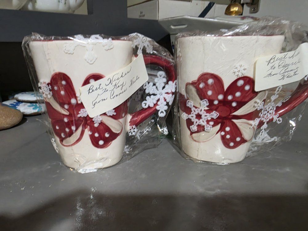Christmas Holiday Red Bow White Snowflake Coffee Mugs - Set of 2