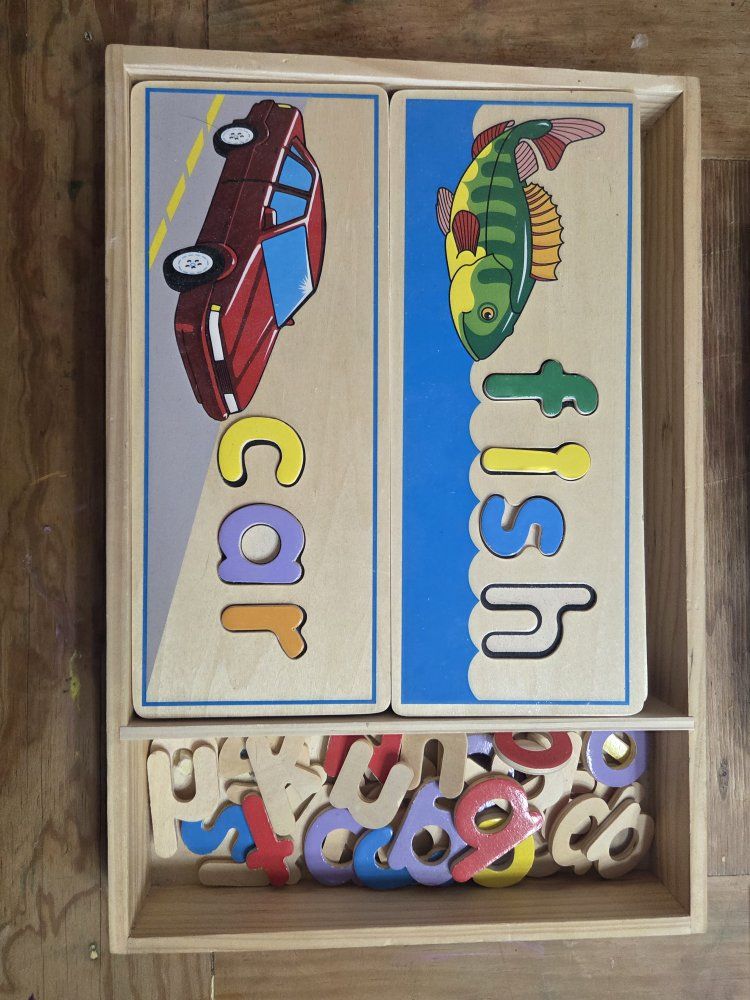 Wooden Alphabet Letter Puzzle Box with Car and Fish Theme - Educational Toy